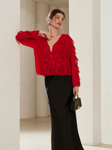 Aveloria Rosie Elegant French Style Versatile Valentine's Day Red Chiffon V-Neck Button Layered Ruffle Long Sleeve Women's Blouse