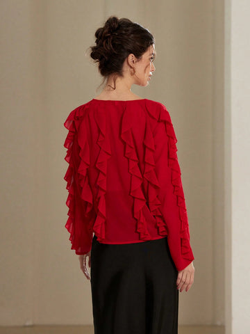 Aveloria Rosie Elegant French Style Versatile Valentine's Day Red Chiffon V-Neck Button Layered Ruffle Long Sleeve Women's Blouse