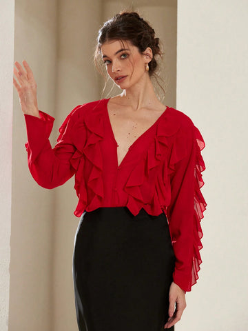 Aveloria Rosie Elegant French Style Versatile Valentine's Day Red Chiffon V-Neck Button Layered Ruffle Long Sleeve Women's Blouse