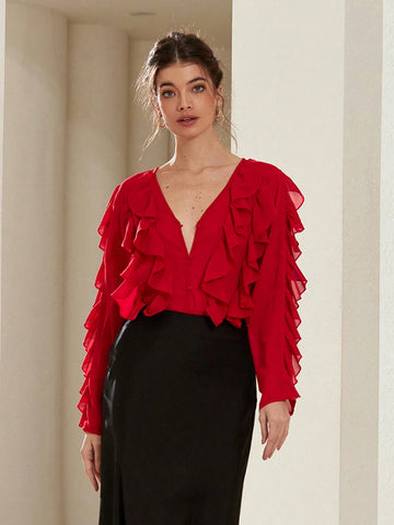 Aveloria Rosie Elegant French Style Versatile Valentine's Day Red Chiffon V-Neck Button Layered Ruffle Long Sleeve Women's Blouse