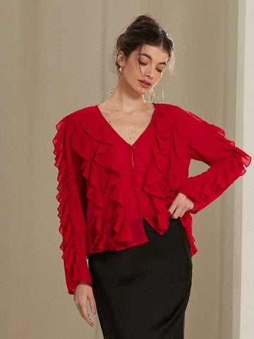 Aveloria Rosie Elegant French Style Versatile Valentine's Day Red Chiffon V-Neck Button Layered Ruffle Long Sleeve Women's Blouse