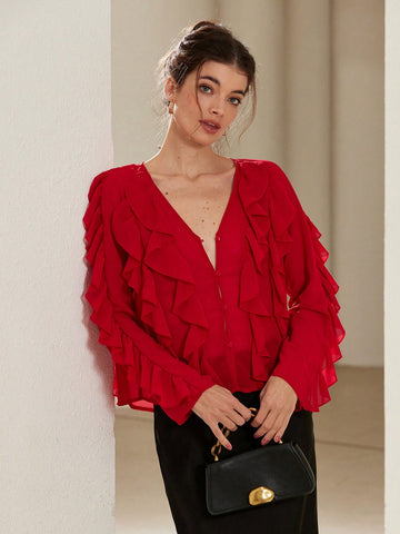 Aveloria Rosie Elegant French Style Versatile Valentine's Day Red Chiffon V-Neck Button Layered Ruffle Long Sleeve Women's Blouse