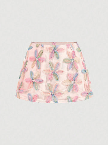 Aveloria Rosie Elegant Luxe MiuMiu Style Colorful Floral 3D Net Fabric Low Waist Super Mini Skirt For Women