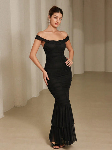 Aveloria Rosie Elegant Off-Shoulder Ruched Mermaid Hem Women's Long Dress, High Quality Minimalist Fit & Flare Dress