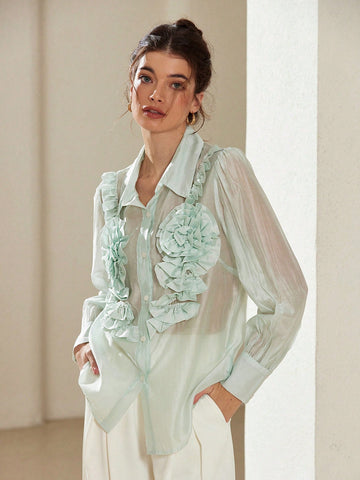 Rosie Elegant Romantic Floral 3D Decor Turn-Down Collar Button Long Sleeve Shirt