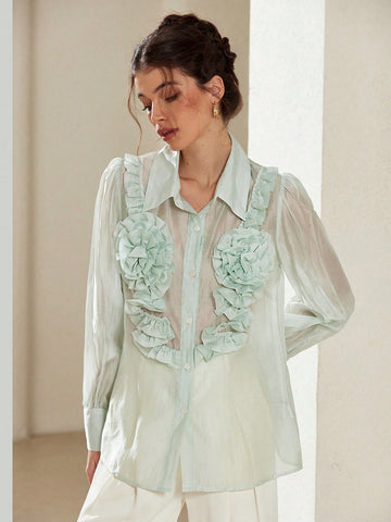 Rosie Elegant Romantic Floral 3D Decor Turn-Down Collar Button Long Sleeve Shirt