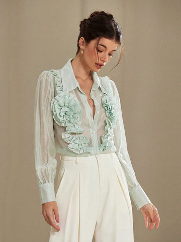 Rosie Elegant Romantic Floral 3D Decor Turn-Down Collar Button Long Sleeve Shirt