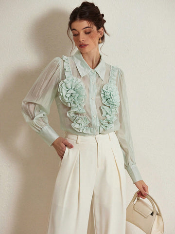 Rosie Elegant Romantic Floral 3D Decor Turn-Down Collar Button Long Sleeve Shirt