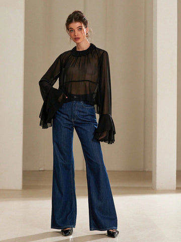 Aveloria Rosie Elegant Stylish Butterfly Tie Collar See-Through Sexy Layered Ruffle Detail Flare Sleeve Loose Blouse For Women