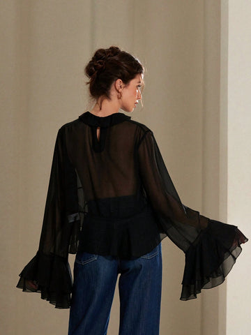 Aveloria Rosie Elegant Stylish Butterfly Tie Collar See-Through Sexy Layered Ruffle Detail Flare Sleeve Loose Blouse For Women