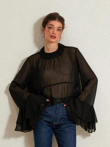 Aveloria Rosie Elegant Stylish Butterfly Tie Collar See-Through Sexy Layered Ruffle Detail Flare Sleeve Loose Blouse For Women