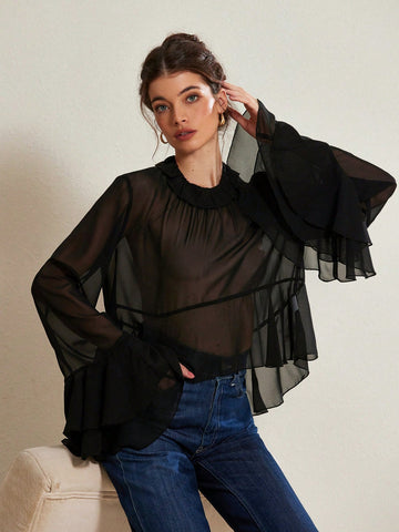 Aveloria Rosie Elegant Stylish Butterfly Tie Collar See-Through Sexy Layered Ruffle Detail Flare Sleeve Loose Blouse For Women