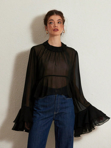 Aveloria Rosie Elegant Stylish Butterfly Tie Collar See-Through Sexy Layered Ruffle Detail Flare Sleeve Loose Blouse For Women