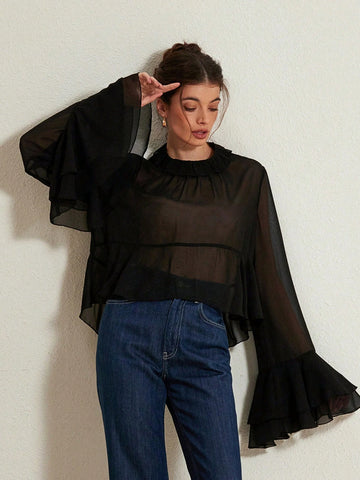 Aveloria Rosie Elegant Stylish Butterfly Tie Collar See-Through Sexy Layered Ruffle Detail Flare Sleeve Loose Blouse For Women