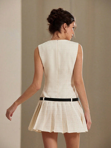 Aveloria Rosie Elegant Tweed Design Sexy Waist Cinching Mini Dress With Double Belts & Pleats, Sleeveless, Suitable For Valentine's Day, Spring/Summer