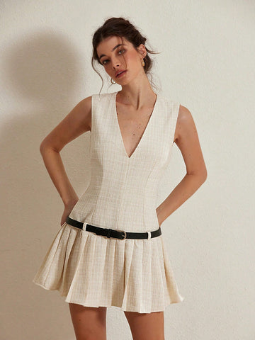 Aveloria Rosie Elegant Tweed Design Sexy Waist Cinching Mini Dress With Double Belts & Pleats, Sleeveless, Suitable For Valentine's Day, Spring/Summer