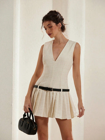 Aveloria Rosie Elegant Tweed Design Sexy Waist Cinching Mini Dress With Double Belts & Pleats, Sleeveless, Suitable For Valentine's Day, Spring/Summer