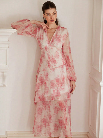 Aveloria Rosie Elegant V-Neck Random Floral Print Chiffon Cinched Waist Asymmetric Hem Long Sleeve Dress For Women