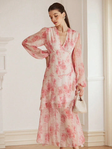 Aveloria Rosie Elegant V-Neck Random Floral Print Chiffon Cinched Waist Asymmetric Hem Long Sleeve Dress For Women