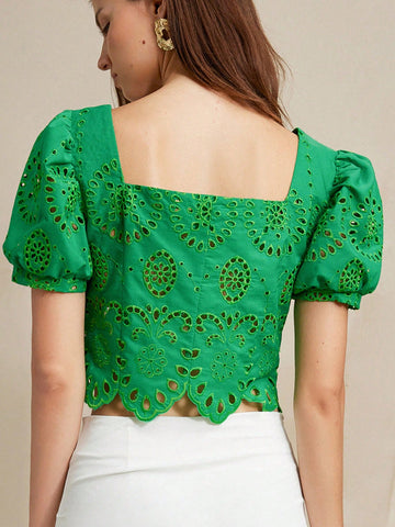Aveloria Rosie Elegant Vacation Open Embroidery Puff Sleeve Fitted Bustier Blouse With Square Collar