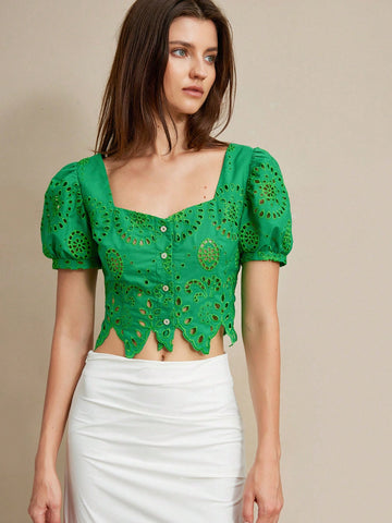 Aveloria Rosie Elegant Vacation Open Embroidery Puff Sleeve Fitted Bustier Blouse With Square Collar