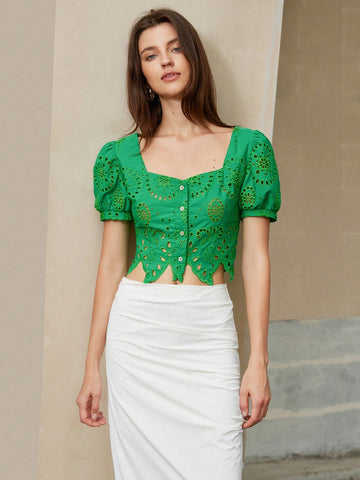 Aveloria Rosie Elegant Vacation Open Embroidery Puff Sleeve Fitted Bustier Blouse With Square Collar