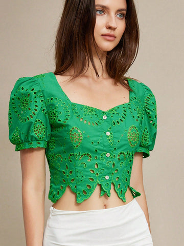 Aveloria Rosie Elegant Vacation Open Embroidery Puff Sleeve Fitted Bustier Blouse With Square Collar
