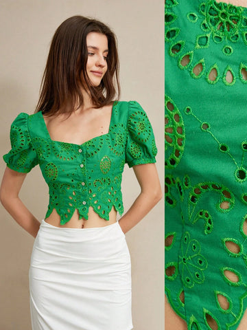Aveloria Rosie Elegant Vacation Open Embroidery Puff Sleeve Fitted Bustier Blouse With Square Collar