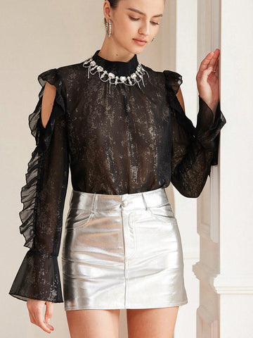 Aveloria Rosie Elegant Vintage Textured Metallic Gold Sheer Fabric Stand Collar Ruffle Hem Loose Long Sleeve Blouse For Women