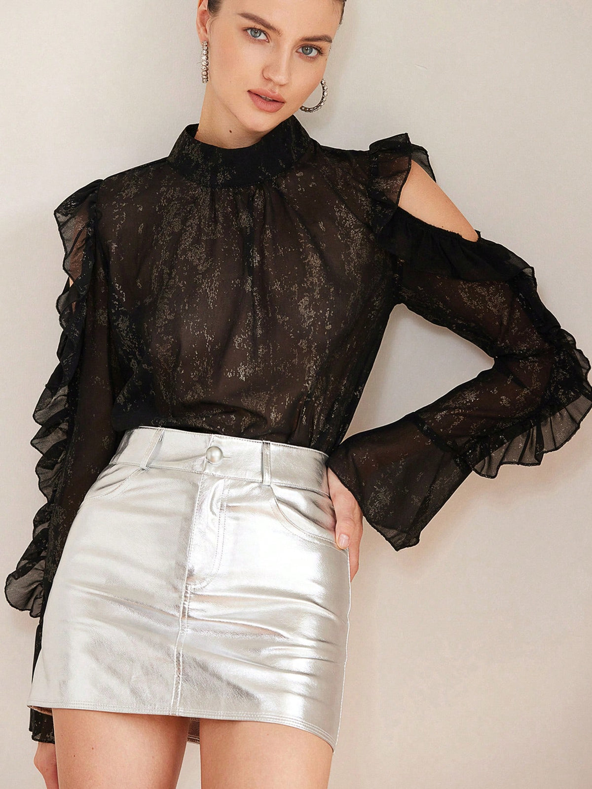 Aveloria Rosie Elegant Vintage Textured Metallic Gold Sheer Fabric Stand Collar Ruffle Hem Loose Long Sleeve Blouse For Women