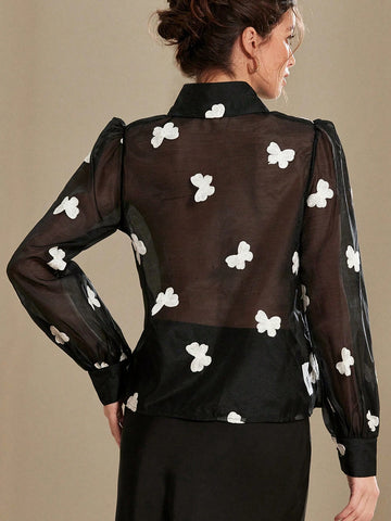 Rosie Fashionable Black & White Butterfly Embroidered Bishop Sleeve See-Through Collared Women Shirt