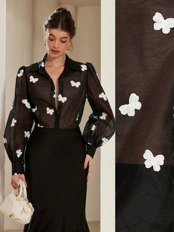 Rosie Fashionable Black & White Butterfly Embroidered Bishop Sleeve See-Through Collared Women Shirt