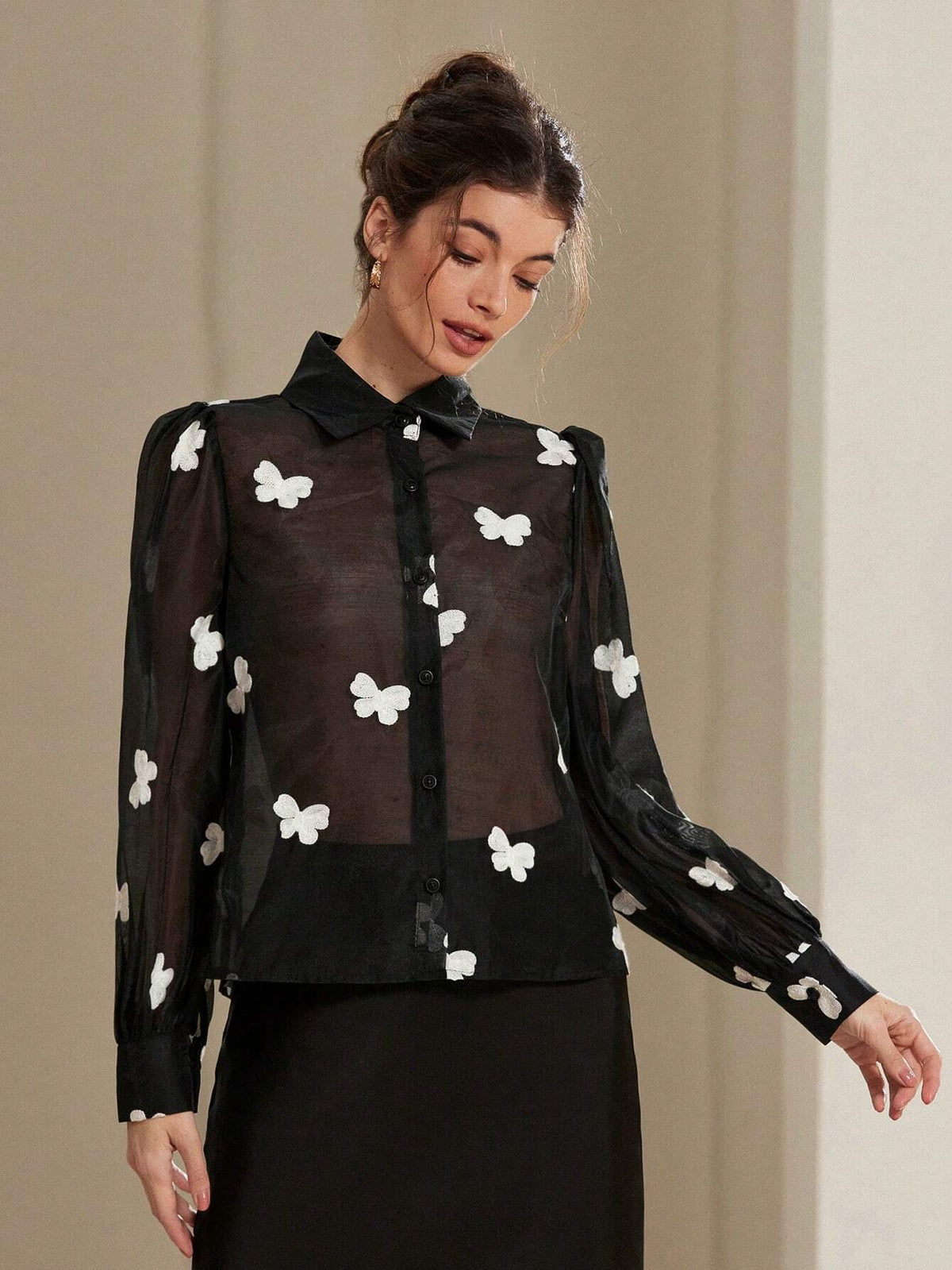 Rosie Fashionable Black & White Butterfly Embroidered Bishop Sleeve See-Through Collared Women Shirt