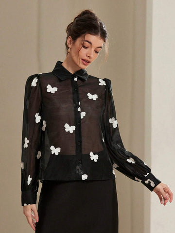 Rosie Fashionable Black & White Butterfly Embroidered Bishop Sleeve See-Through Collared Women Shirt