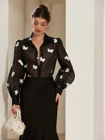 Rosie Fashionable Black & White Butterfly Embroidered Bishop Sleeve See-Through Collared Women Shirt