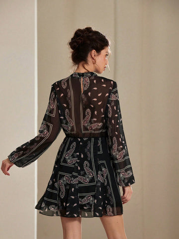 Aveloria Rosie Floral Print Chiffon Short Dress With Long Sleeve