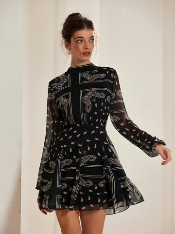 Aveloria Rosie Floral Print Chiffon Short Dress With Long Sleeve