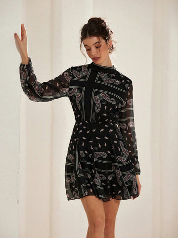 Aveloria Rosie Floral Print Chiffon Short Dress With Long Sleeve