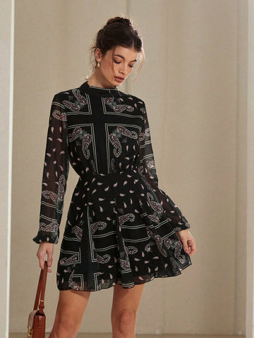 Aveloria Rosie Floral Print Chiffon Short Dress With Long Sleeve