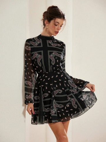 Aveloria Rosie Floral Print Chiffon Short Dress With Long Sleeve