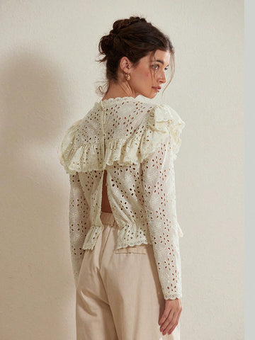 Rosie French Delicate Embroidered Eyelet Ruffled Collar Long Sleeve Blouse