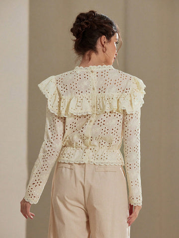 Rosie French Delicate Embroidered Eyelet Ruffled Collar Long Sleeve Blouse