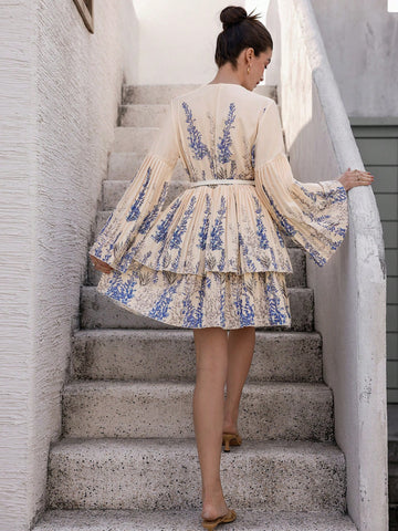 Aveloria Rosie French Elegant Blue Random Print V-Neck Layered Ruffled Hem Short Dress, Girlfriend Gift Occasion Wear With Long Sleeve