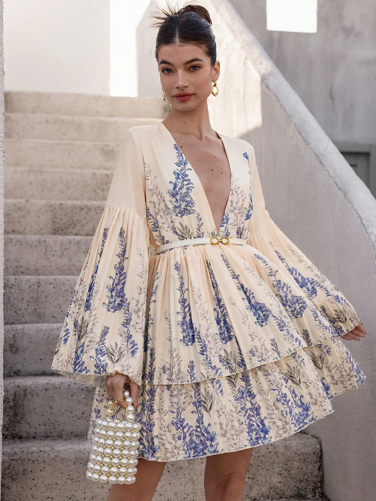 Aveloria Rosie French Elegant Blue Random Print V-Neck Layered Ruffled Hem Short Dress, Girlfriend Gift Occasion Wear With Long Sleeve