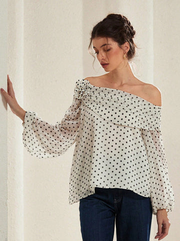 Rosie French Elegant Slopped Shoulder Chiffon Floral Decor Polka Dot Long Sleeve Shirt