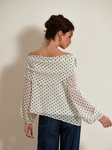 Rosie French Elegant Slopped Shoulder Chiffon Floral Decor Polka Dot Long Sleeve Shirt