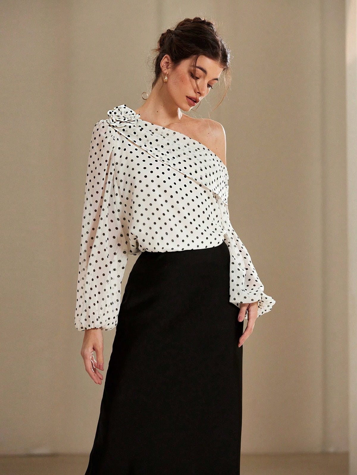 Rosie French Elegant Slopped Shoulder Chiffon Floral Decor Polka Dot Long Sleeve Shirt