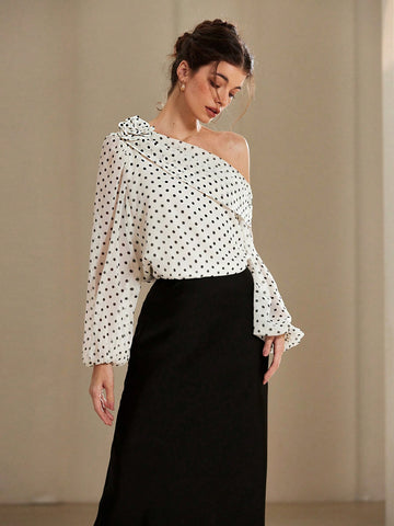 Rosie French Elegant Slopped Shoulder Chiffon Floral Decor Polka Dot Long Sleeve Shirt