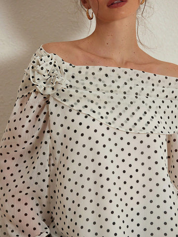Rosie French Elegant Slopped Shoulder Chiffon Floral Decor Polka Dot Long Sleeve Shirt