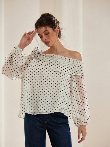 Rosie French Elegant Slopped Shoulder Chiffon Floral Decor Polka Dot Long Sleeve Shirt